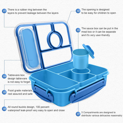 Bento Box Lunch Box Kids,Lunch Containers for Kids/Toddler,5 Compartments Bento Lunch Box for Kids with Sauce Vontainers,Microwave & Dishwasher & Freezer Safe,Bpa-Free(Blue)